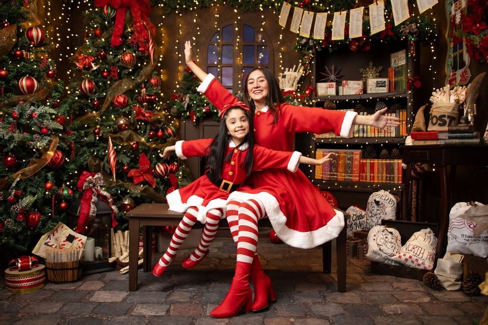 A series of holiday photos showing someone in a red and white striped outfit doing playful poses near Christmas trees.