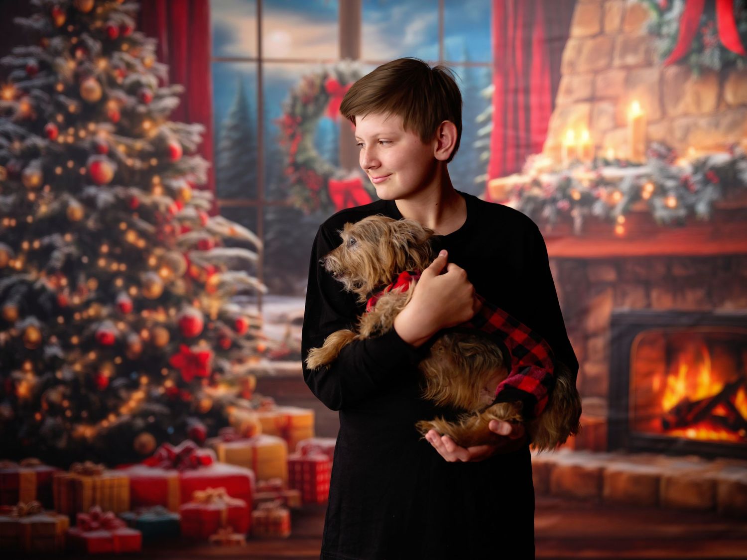 A series of holiday portraits showing someone in a black dress posing by a decorated Christmas tree with wrapped presents.