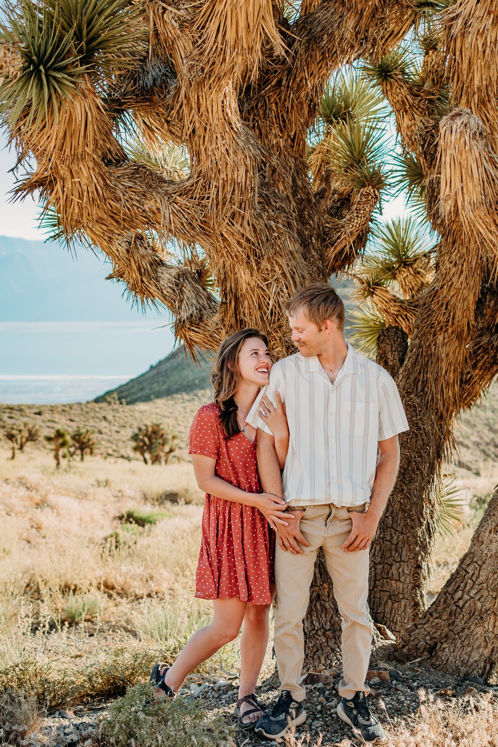 Romantic desert photoshoot with couple embracing under Joshua trees in golden sunlight.