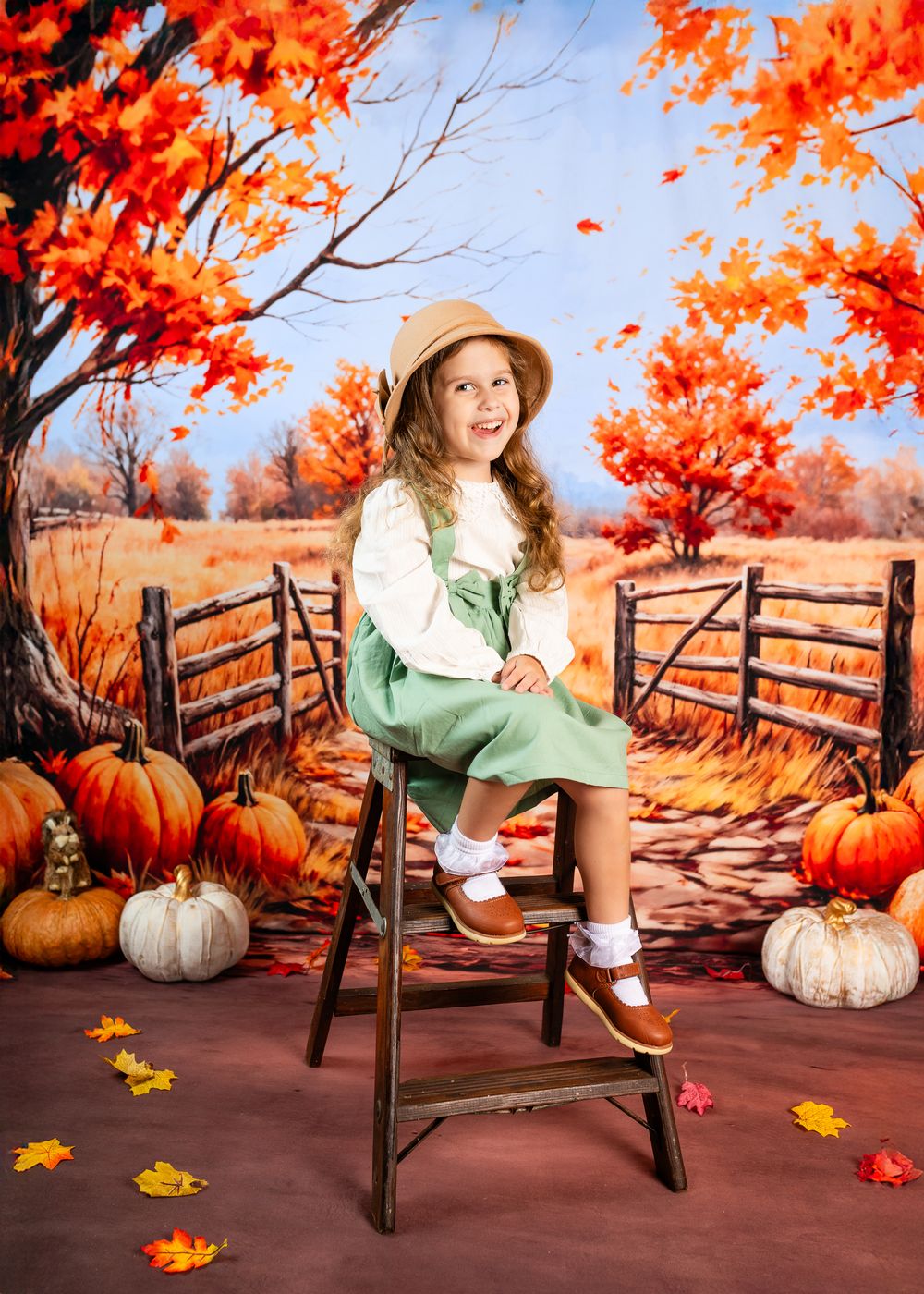 Autumn scene with rustic wooden bench, orange maple leaves, and decorative pumpkins against a warm fall backdrop.