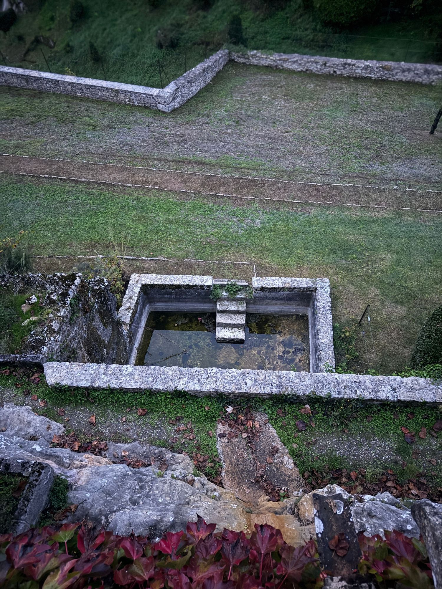 Aerial view of stone-walled water feature or pool in grassy courtyard.