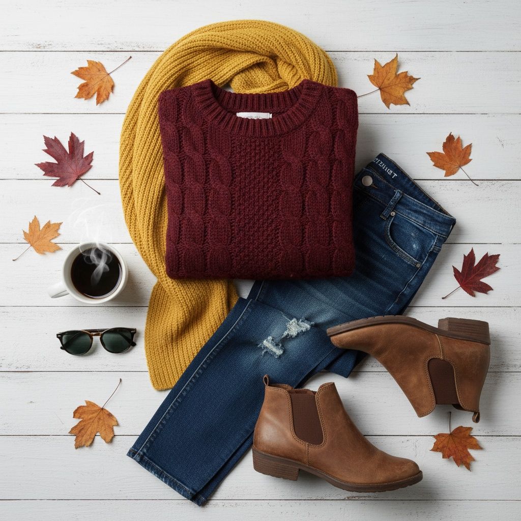 Cozy fall fashion flatlay with burgundy sweater, yellow scarf, ripped jeans, brown boots and autumn leaves on white wood.