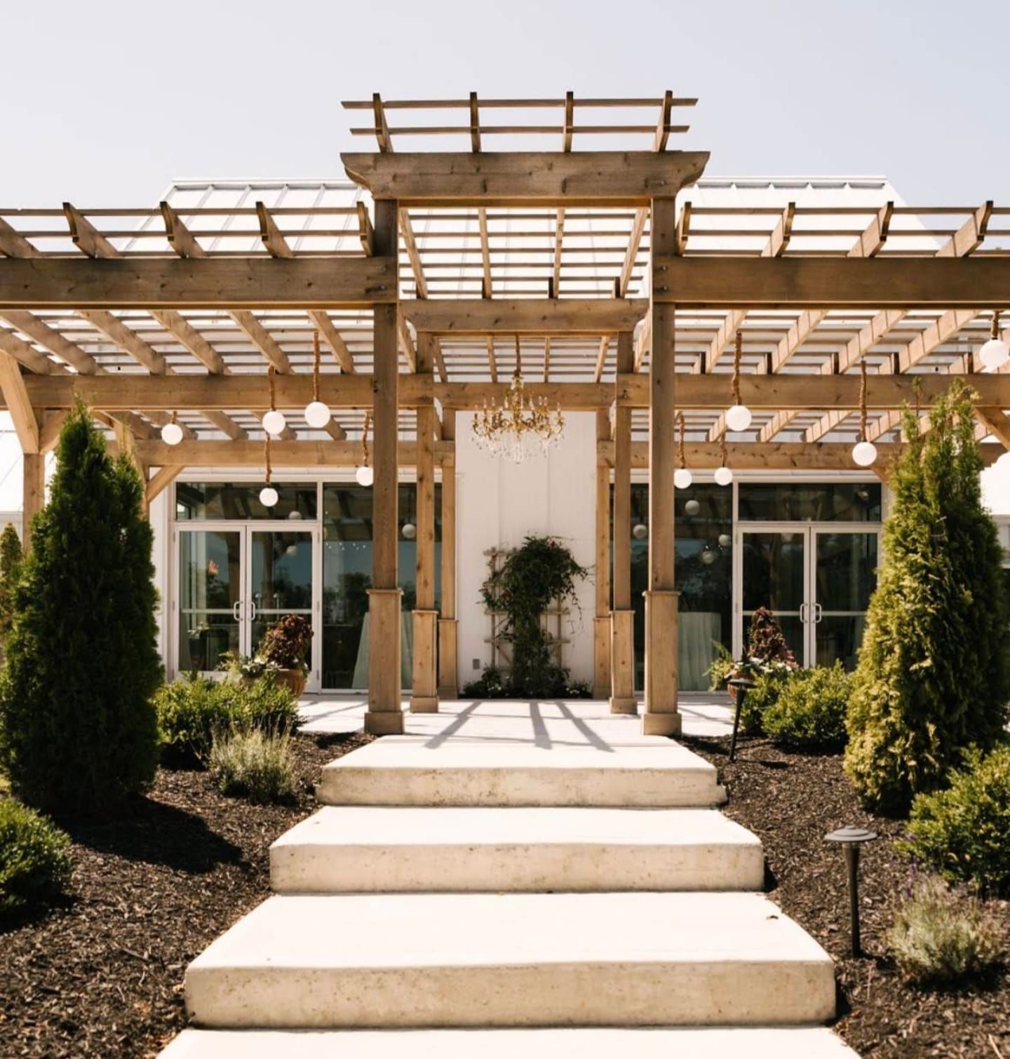 Modern pergola with landscaped garden creates an elegant outdoor entrance.