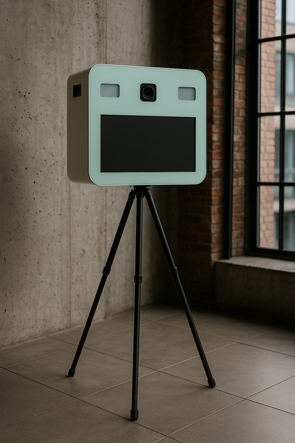 Minimalist mint green light fixture on black tripod stand against concrete wall in industrial loft space.