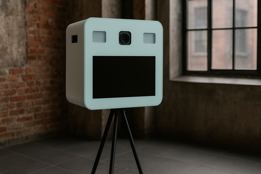 A vintage ViewMaster stereoscope viewer sits against a dark background with brick walls and windows.