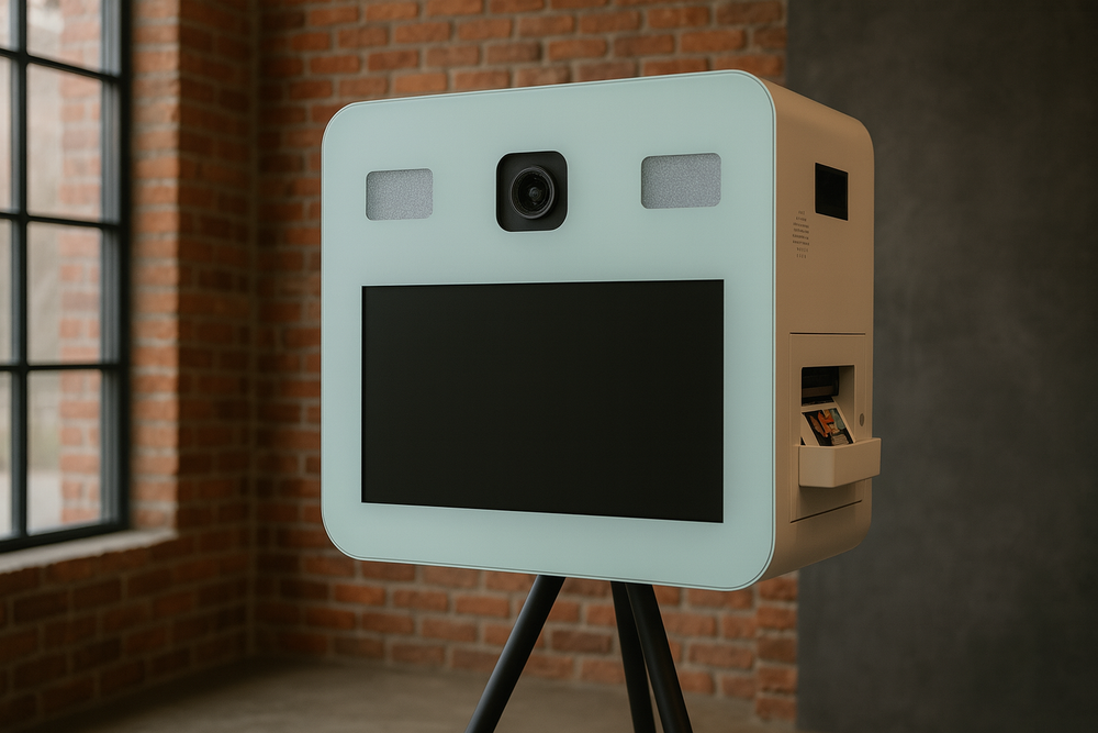Professional photo booth setup with white camera enclosure mounted against exposed brick wall in indoor venue.