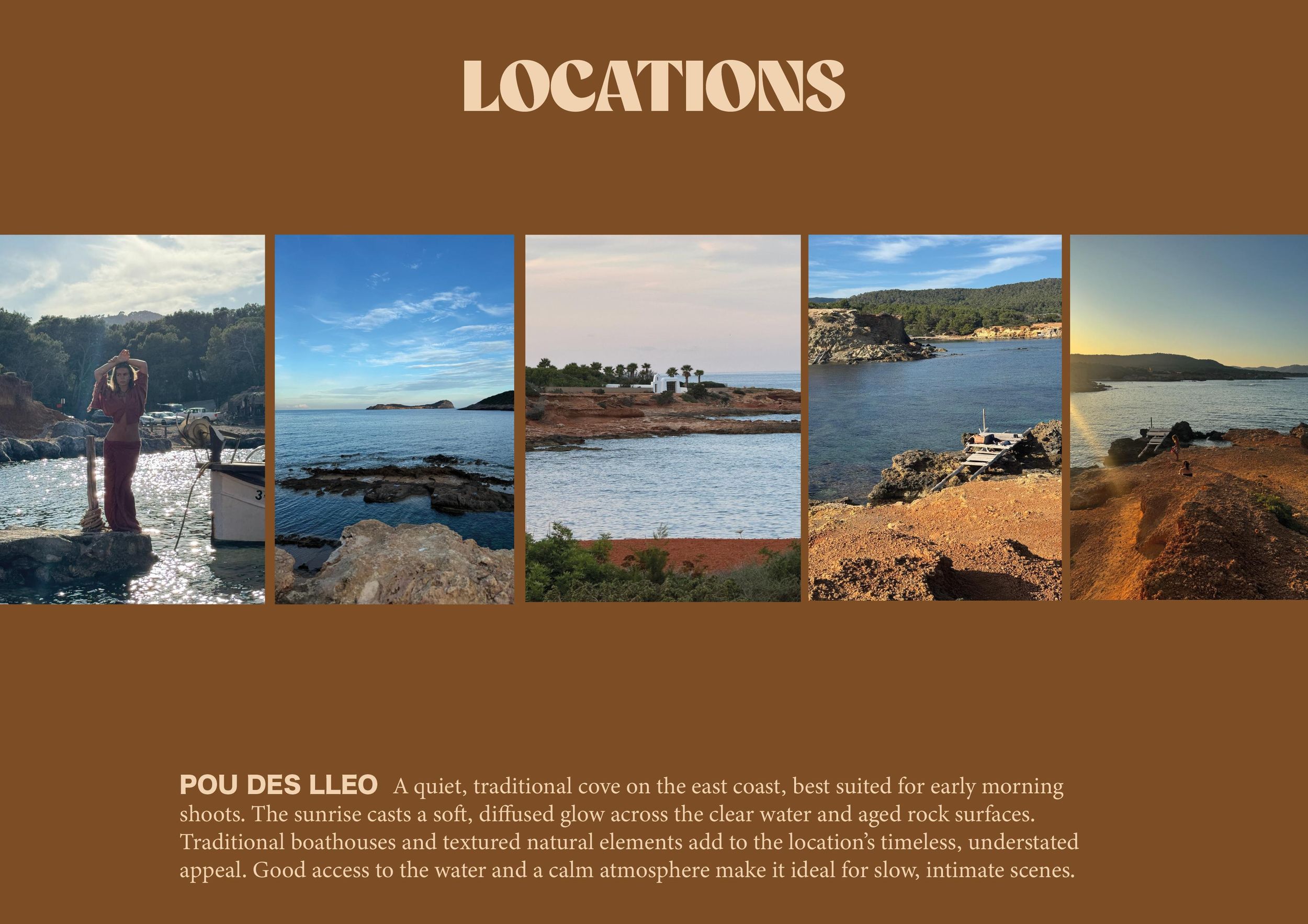 A series of coastal landscape photographs showing beaches and cliffs with location text for Pou des Lleo.