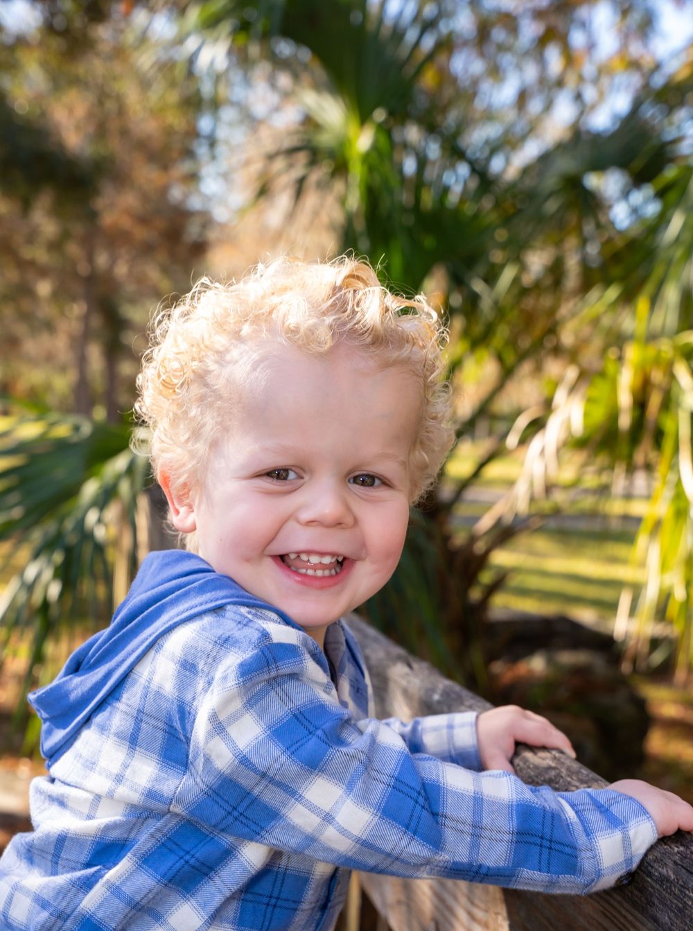 Child with curly blonde hair playing outdoors near tropical plants on a sunny day.