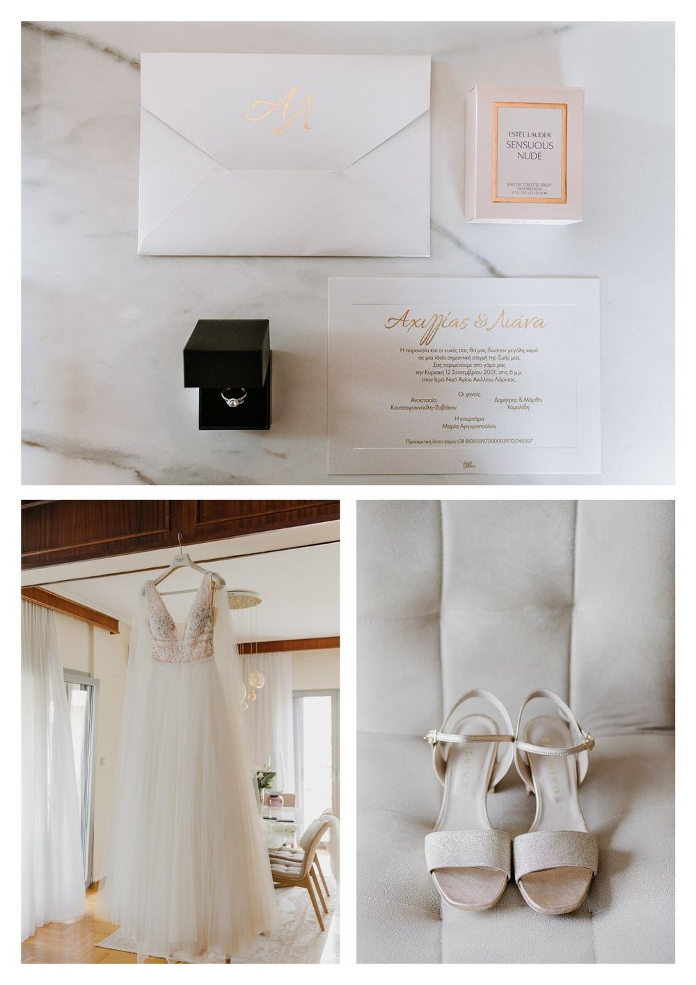 Wedding details flatlay with invitation, dress, shoes and ring box in neutral tones.