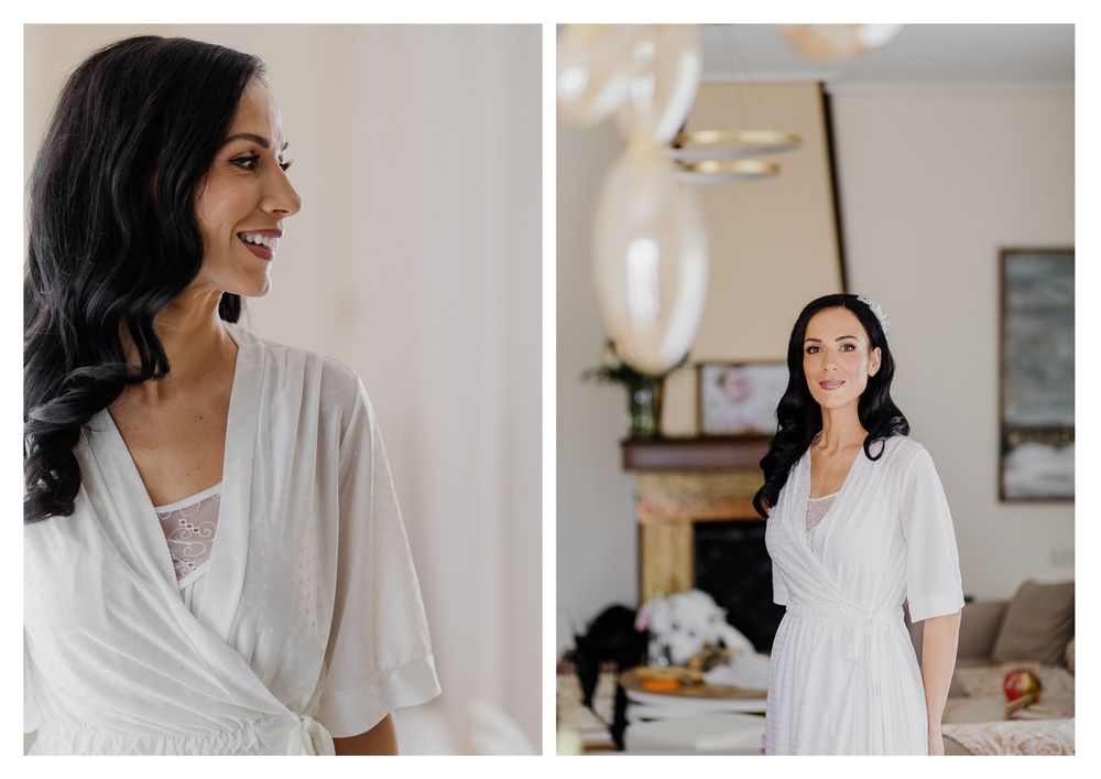 Bridal preparation photos showing a woman in a flowing white robe.