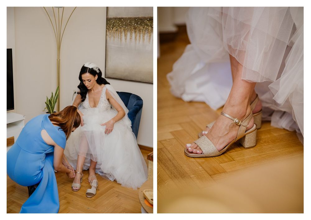 Split image showing bridal preparation and sparkly wedding shoes on hardwood floor.