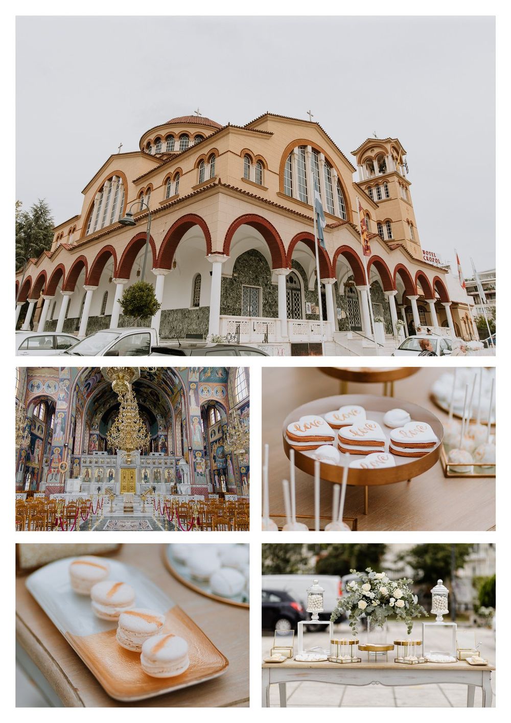 Wedding venue collage featuring Greek Orthodox church architecture and reception details with desserts.