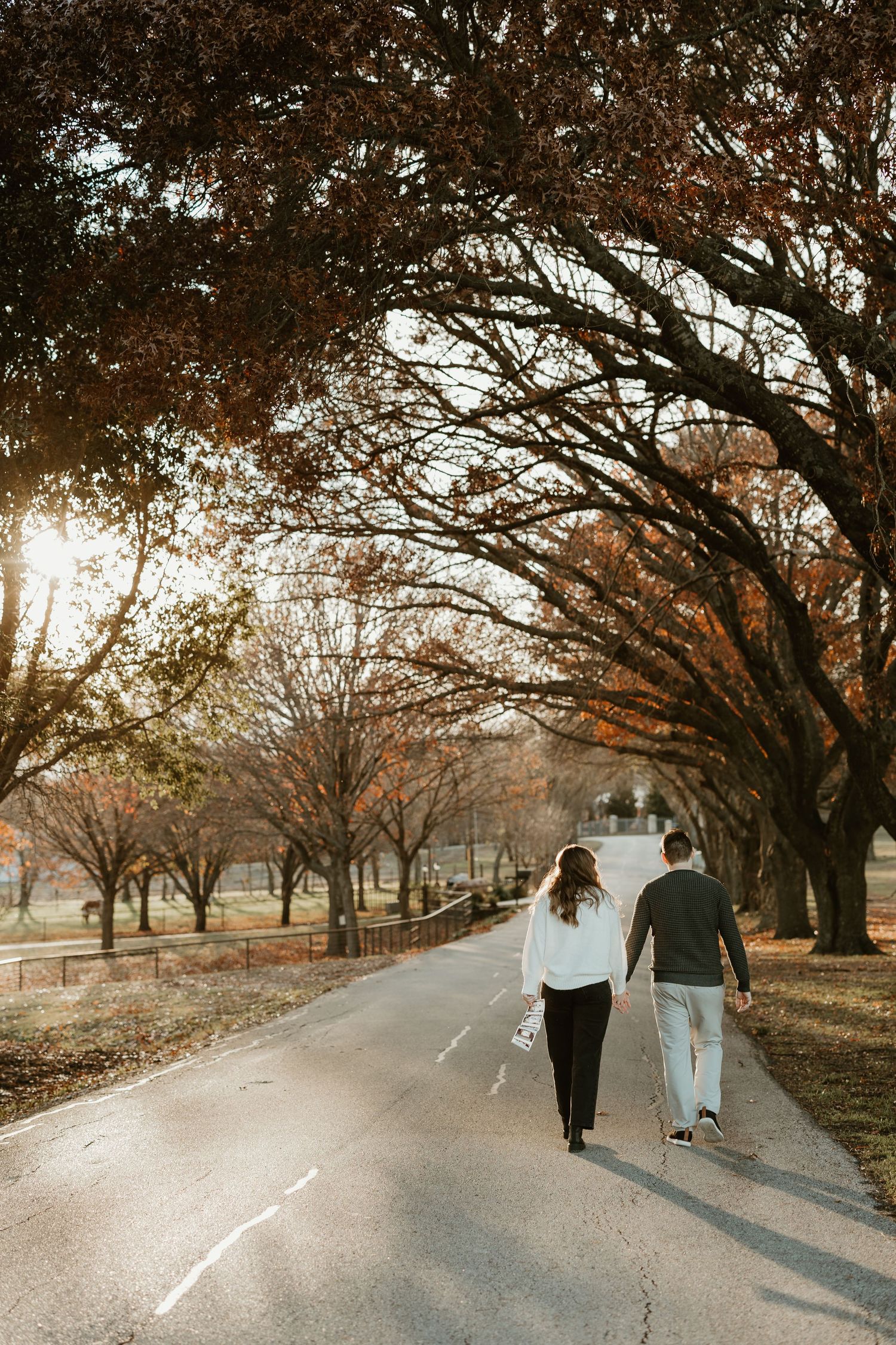 Couple walking down a tree-lined path during autumn sunset.