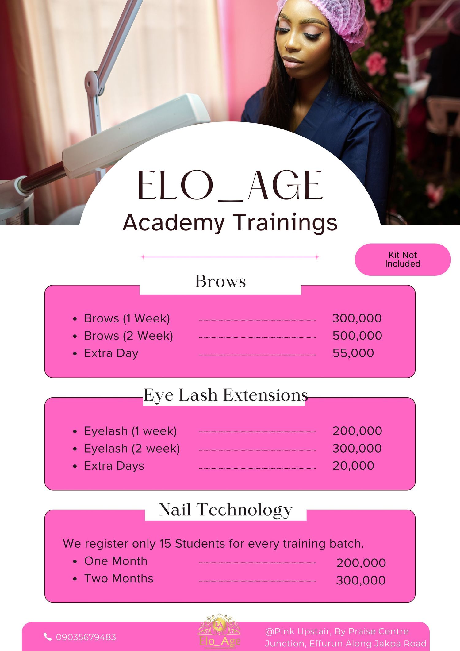 Training fees to learn at the Best Studio in Warri and Ikeja.
Affordable and professional Staff.
Cozzy atmosphere
Warri 
Ikeja