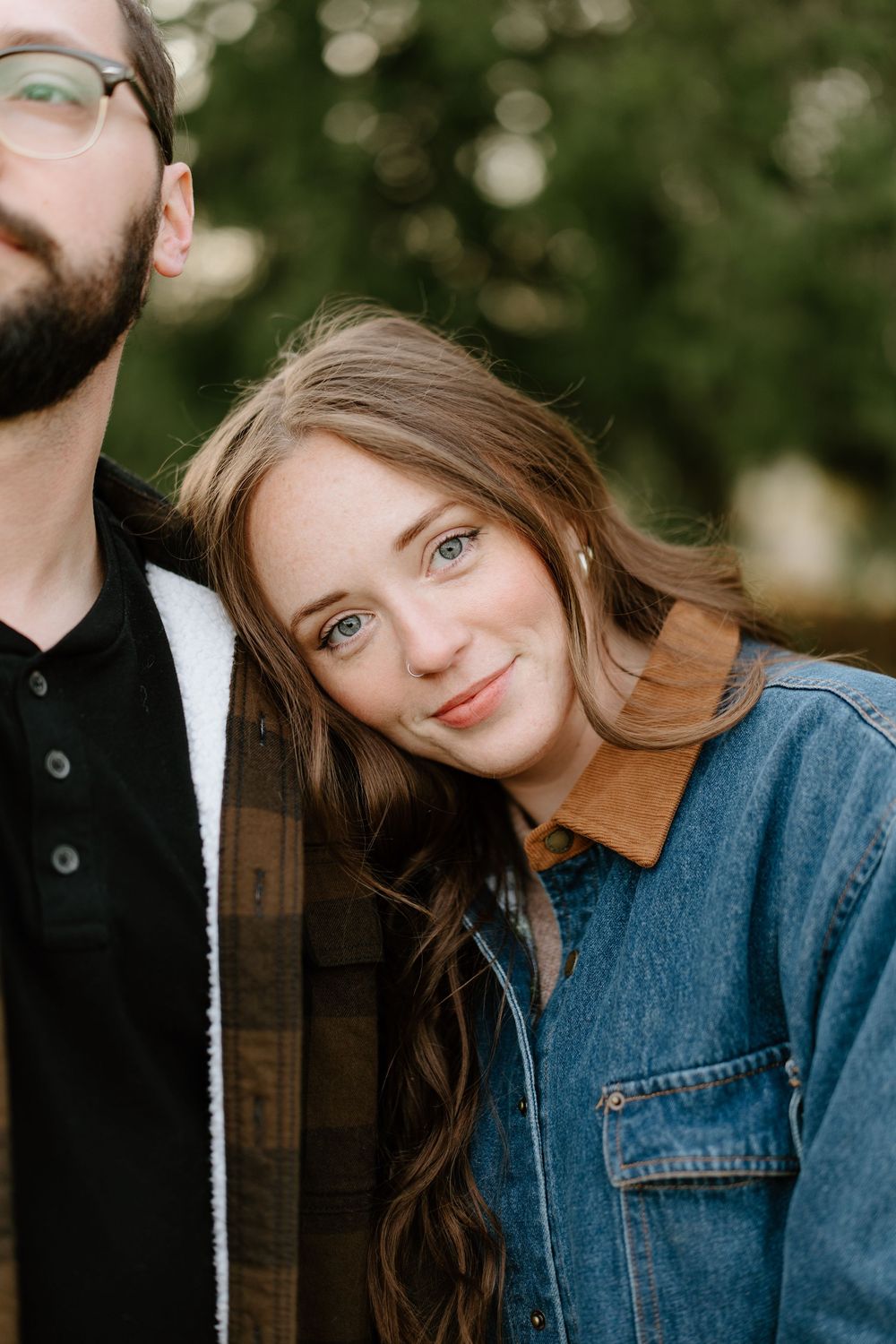 A series of close-up portraits showing a couple in denim against a blurred outdoor background.