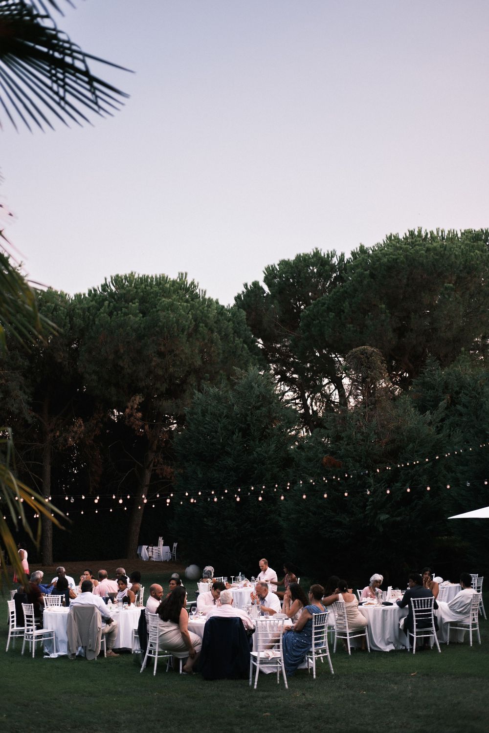 Wedding guests dine at round tables on a lawn under string lights and tall trees at dusk.