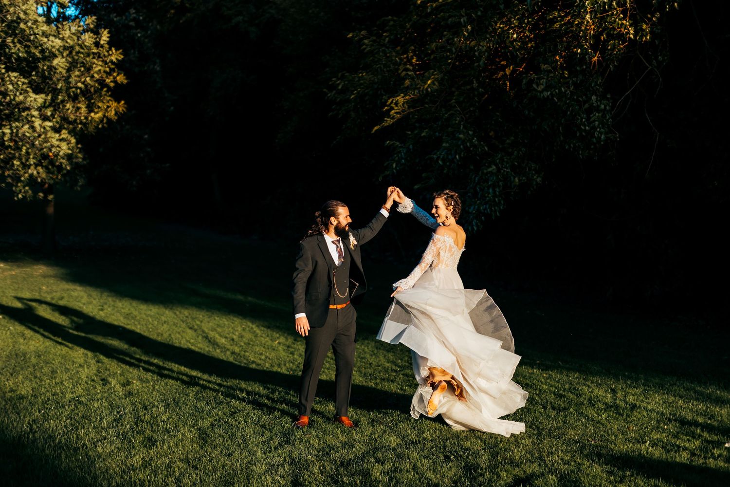 bride and groom running and holding hands at crystal grand banquets in lemont, illinois.