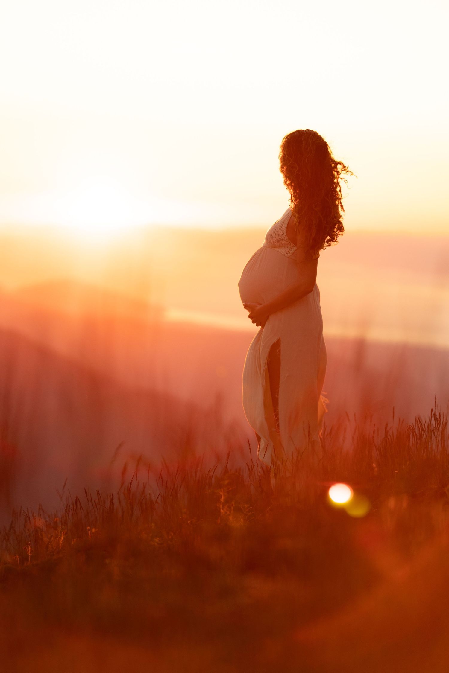 Silhouette figures stand against a vibrant orange sunset in a grassy field.
