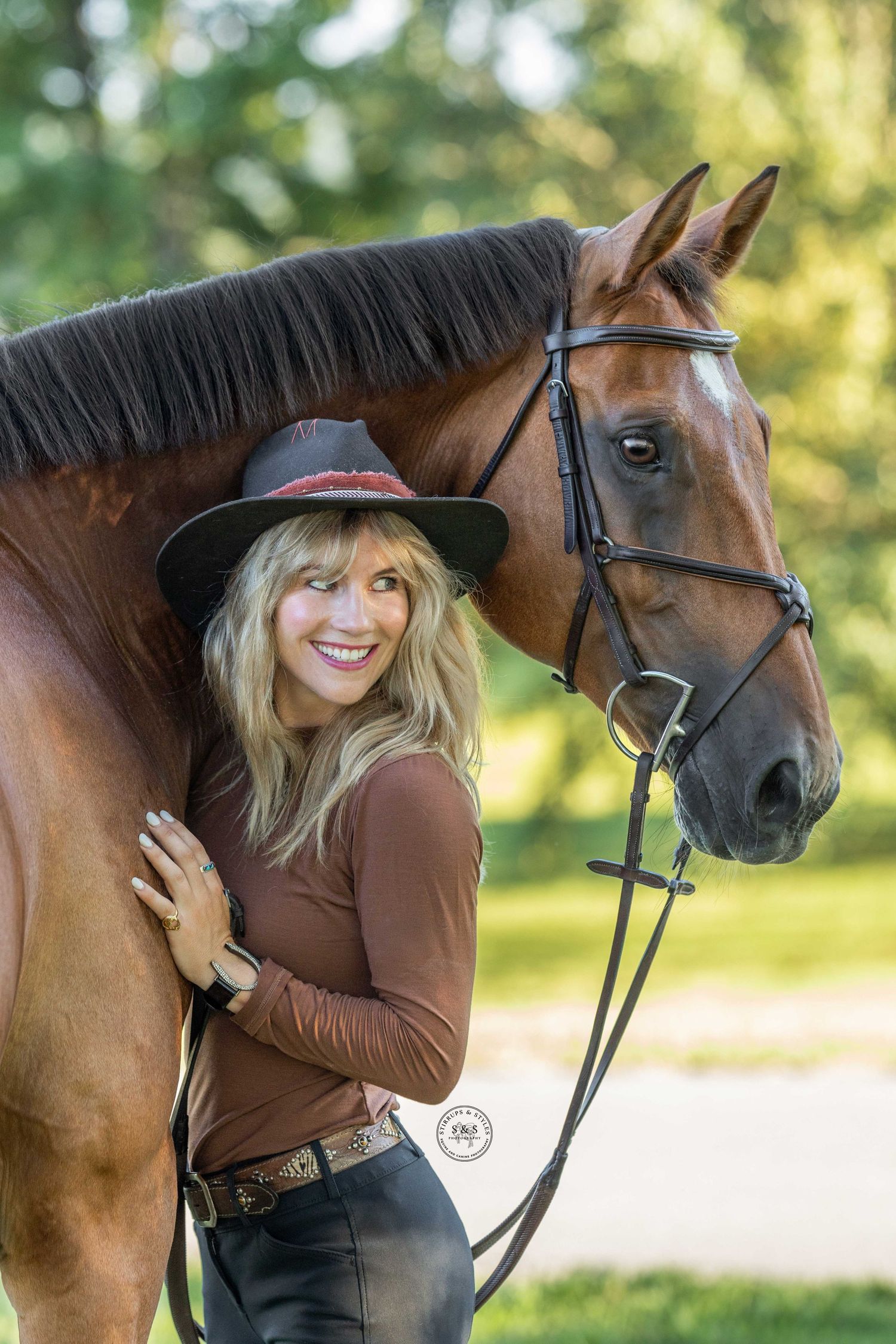 A series of close-up outdoor photos showing interactions between a brown horse and someone wearing brown clothing in sunlit setting.