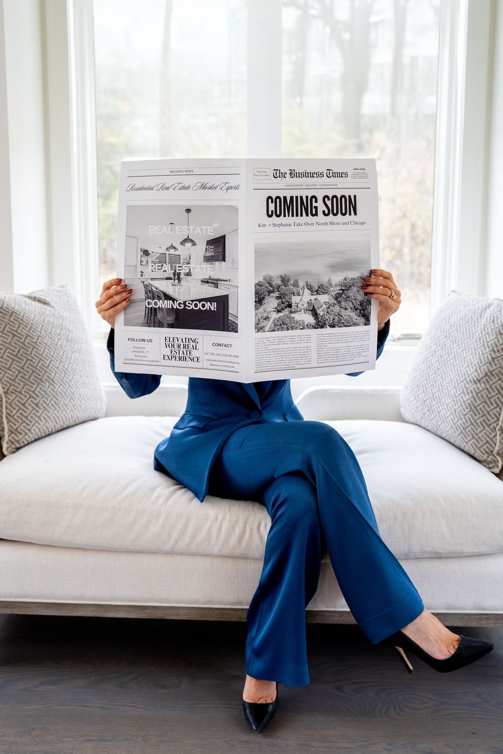 A series of photos showing someone in blue pants reading a newspaper while sitting on a white couch.
