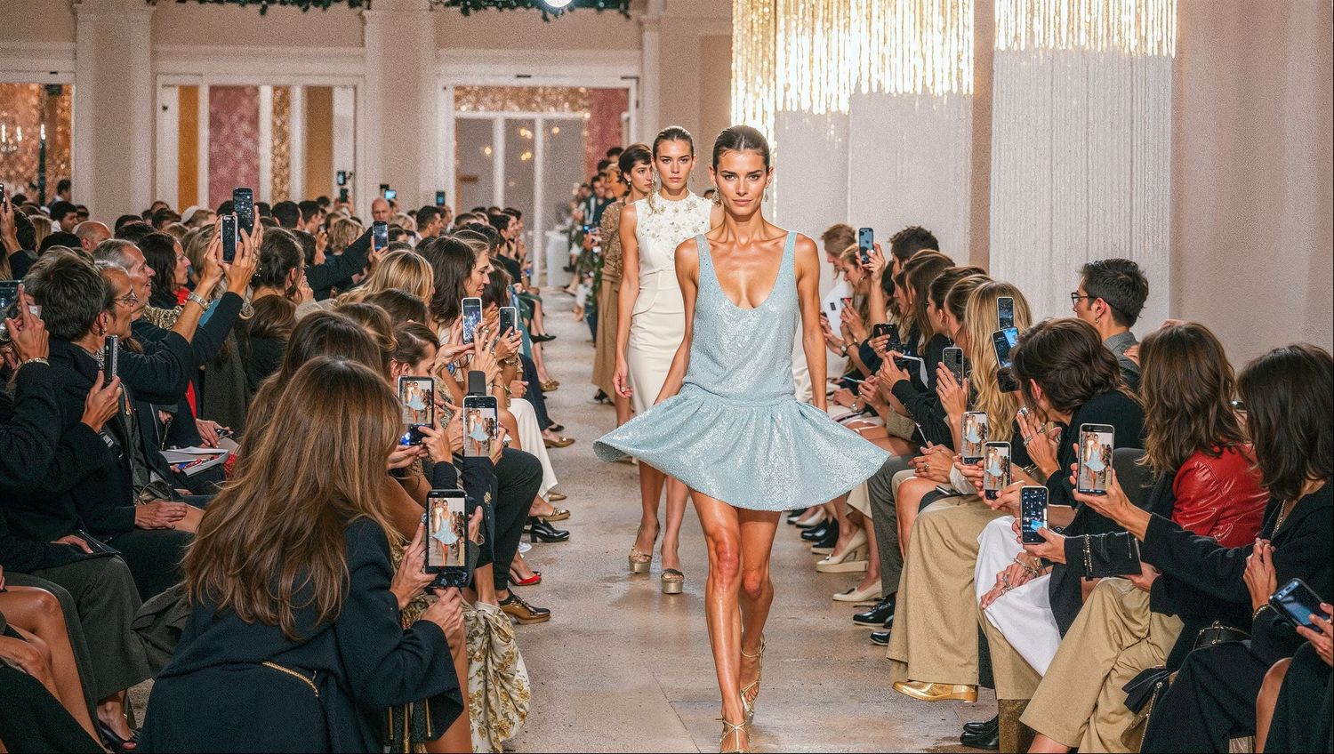 Models walk a runway in pastel outfits during a fashion show with a seated audience watching in natural lighting conditions.