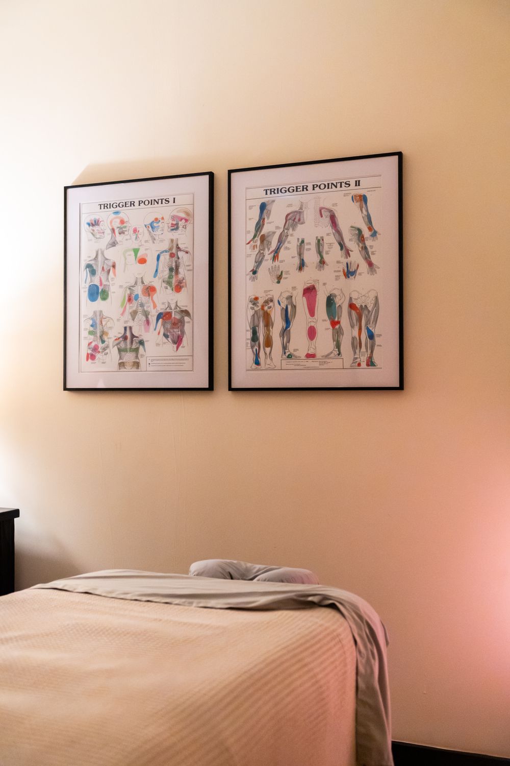 Massage room wall decorated with framed anatomical artwork above treatment table.