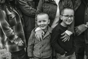 A series of vintage black and white photos showing children wearing denim jackets arranged in a horizontal collage.