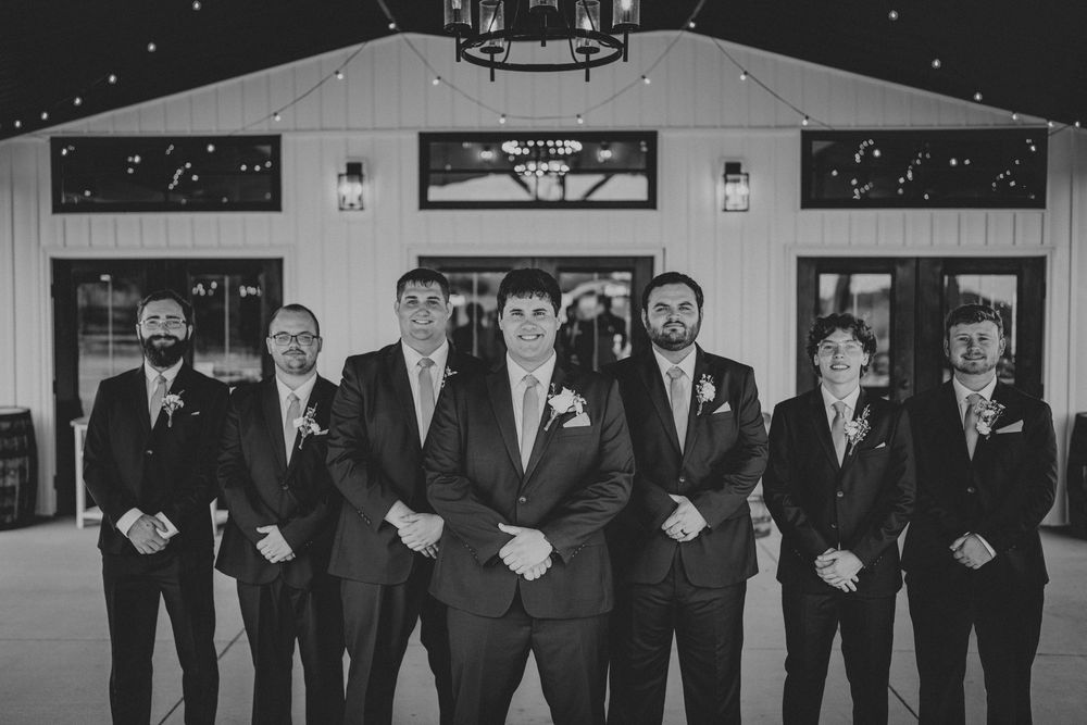 Three black and white wedding party photos show the groomsmen in tuxedos arranged in formal poses.