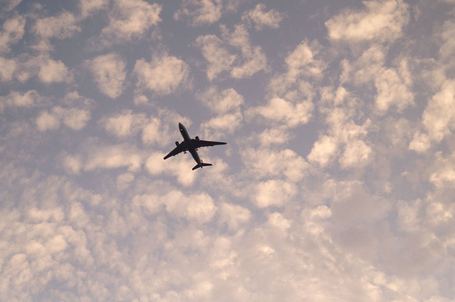 Silhouette of a commercial airliner flying against a cloudy sunset sky with scattered altocumulus clouds.