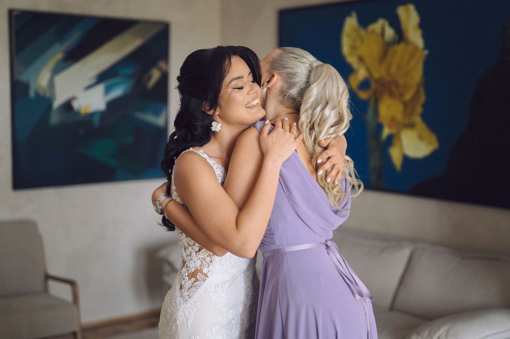 Six sequential candid photos showing emotional reactions and embraces during wedding preparations.