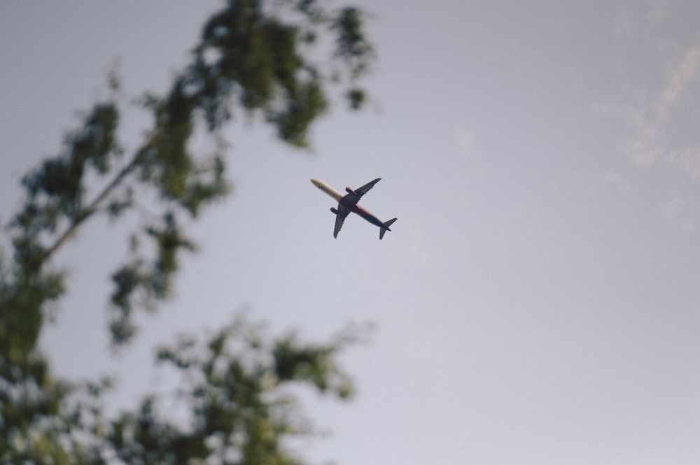 Commercial airplane silhouette flying overhead against cloudy sky with tree branches in foreground.