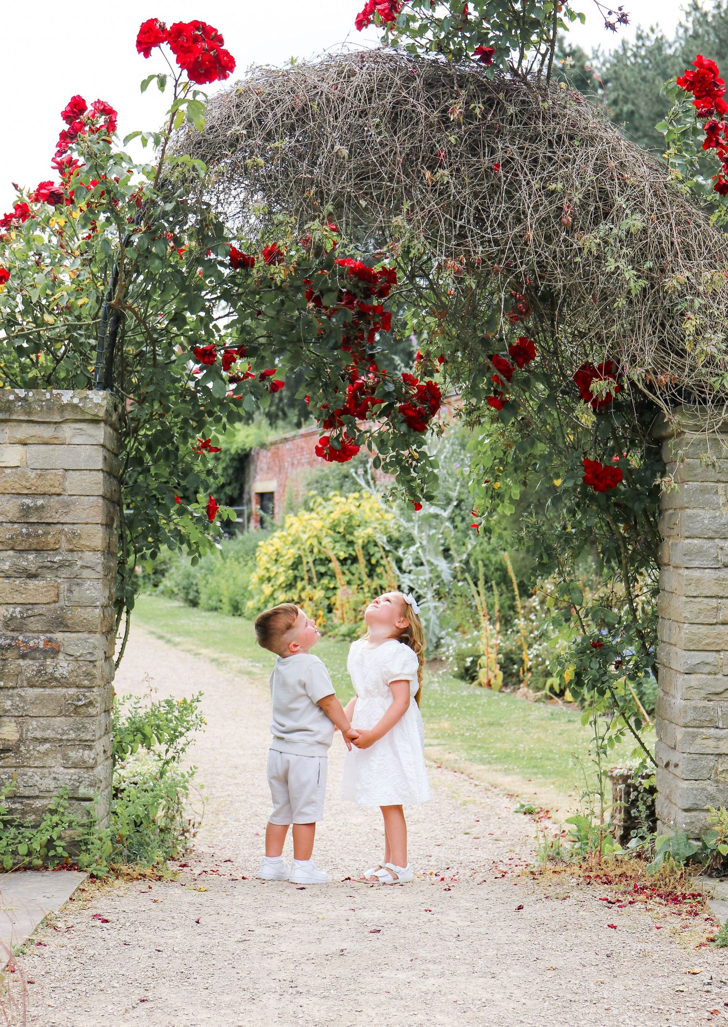 Siblings captured amongst climbing red roses on stone pillars creates an enchanting natural archway, during family shoot in Derbyshire