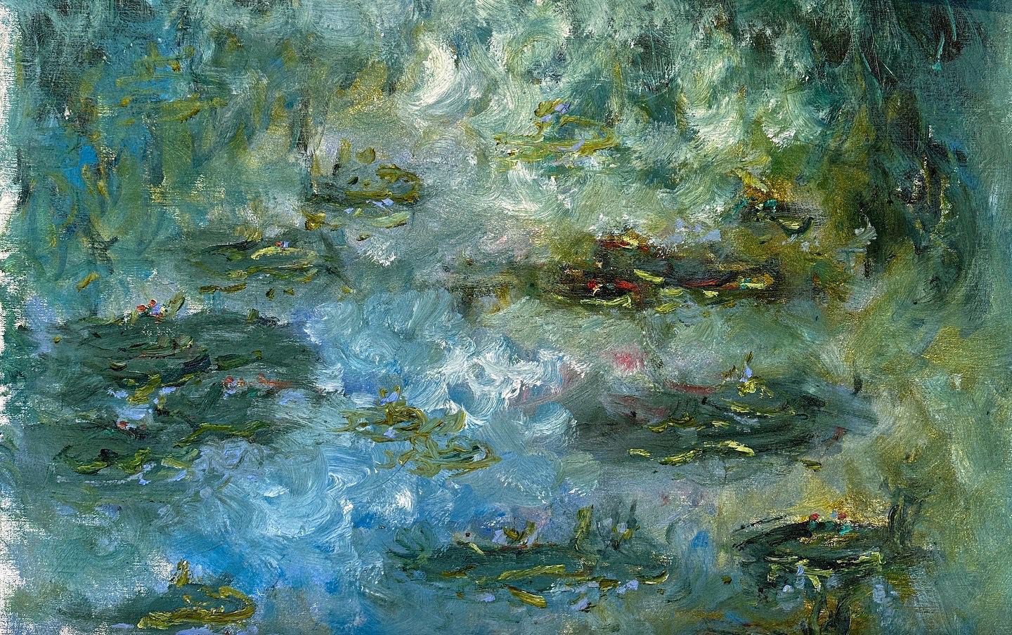 Abstract expressionist painting showcasing vibrant swirls of blue, pink, orange and green paint in dynamic brushstrokes.
