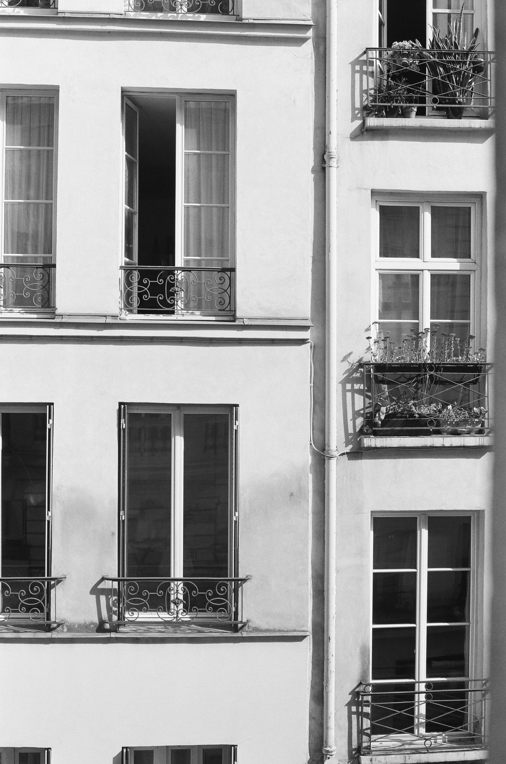 White apartment building exterior with traditional French balconies and classic architectural details in black and white.