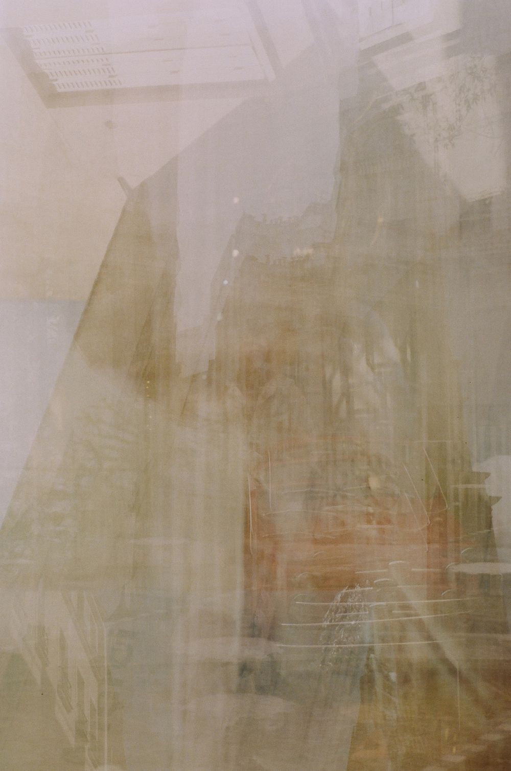 Abstract textural painting in muted earth tones features layered brushstrokes creating a dreamlike atmospheric effect.