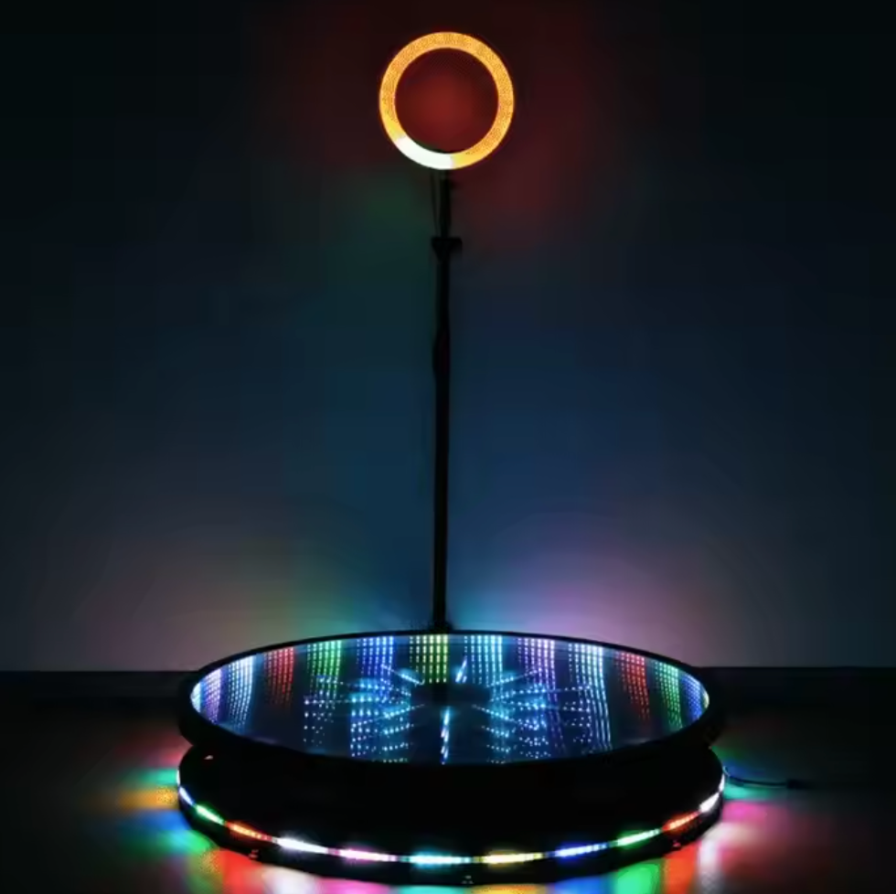 Modern 360 video booth circular light installation used for event or party atmosphere, decor and 360 video.