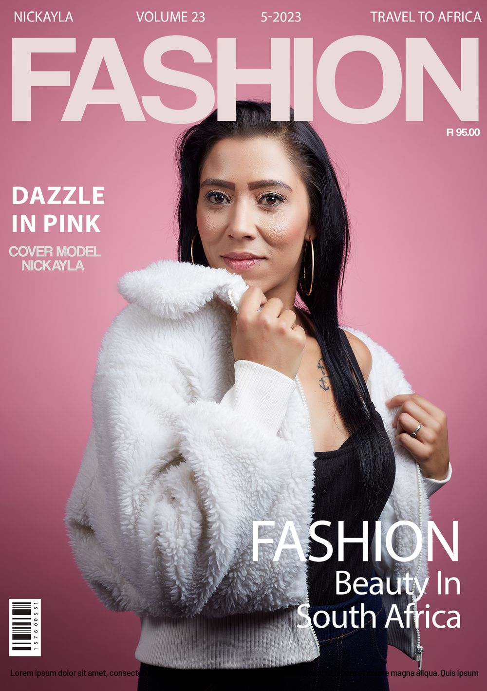 Fashion magazine cover on pink background featuring model in white fuzzy jacket and black top for Spring 2023 issue.