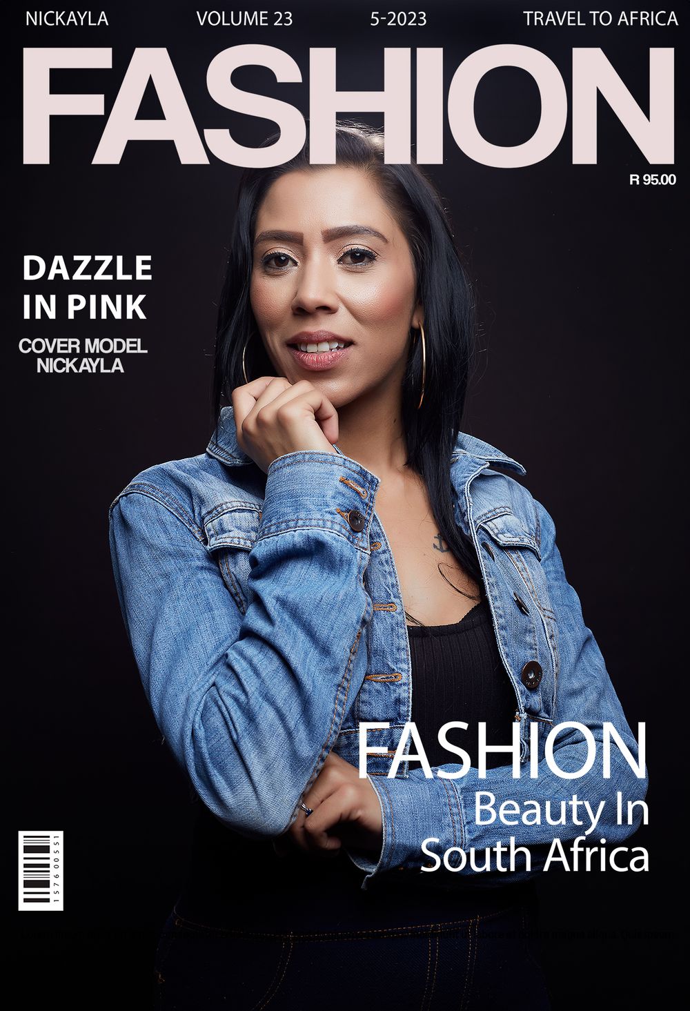 Fashion magazine cover showing model in denim jacket against dark background for South Africa travel issue.