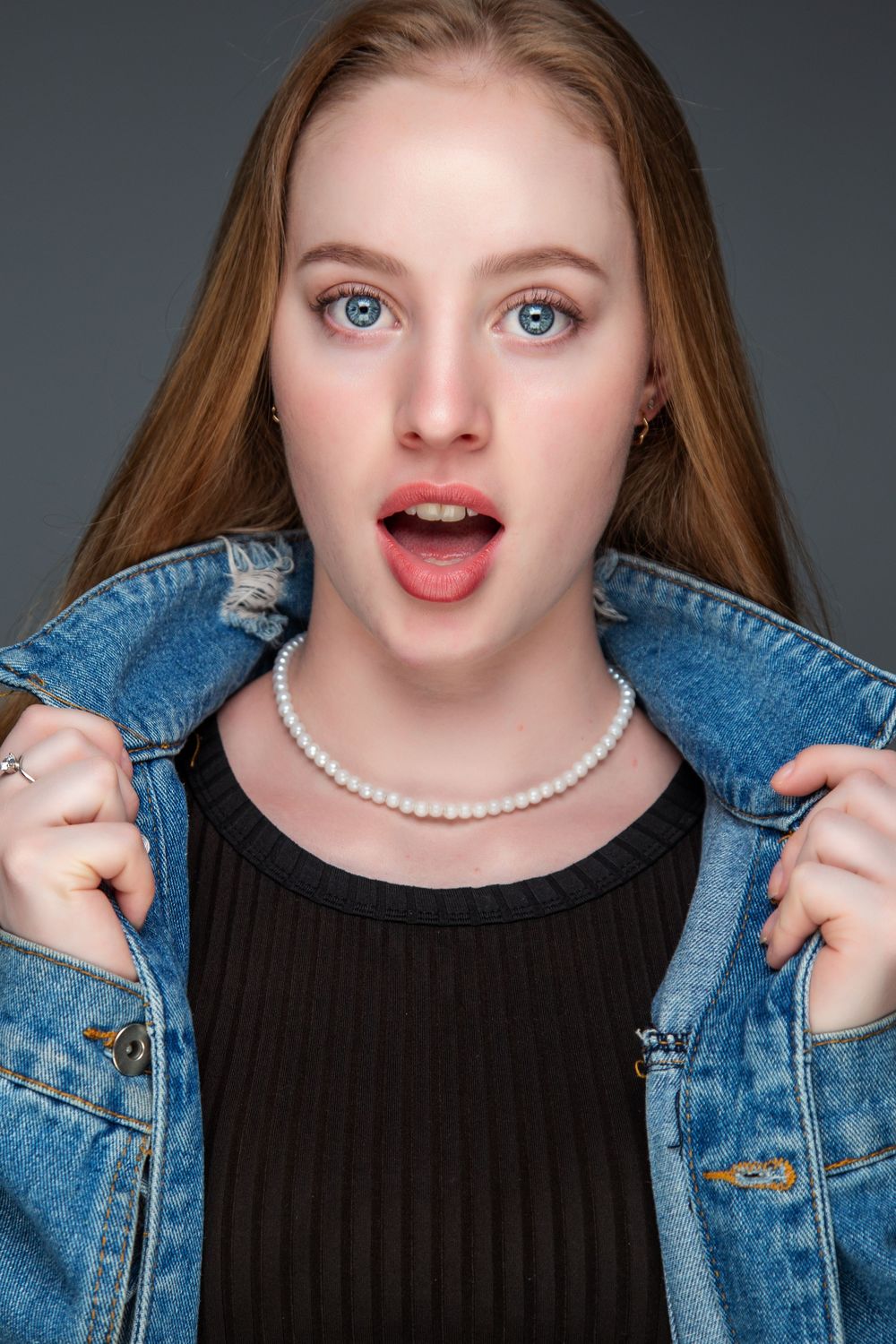 A sequence of portrait photos showing someone wearing a black top and denim jacket with pearl necklace accessory.