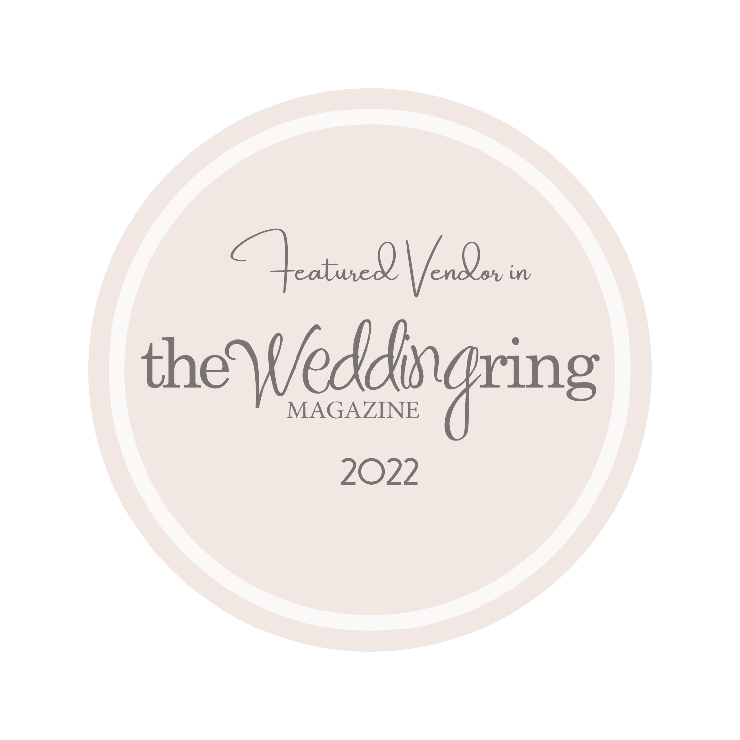 Featured Vendor badge for The Wedding Ring Magazine 2022 in a soft beige circular design.