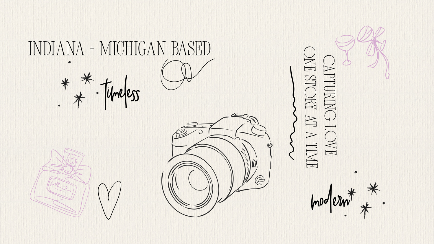Hand-drawn illustration featuring a DSLR camera, Indiana-Michigan text, and a heart doodle with wedding details. Digital photography