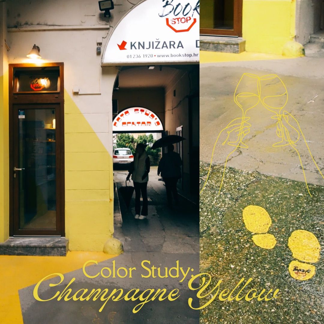 Yellow building facade with Knjizara bookstore entrance and store sign above doorway.