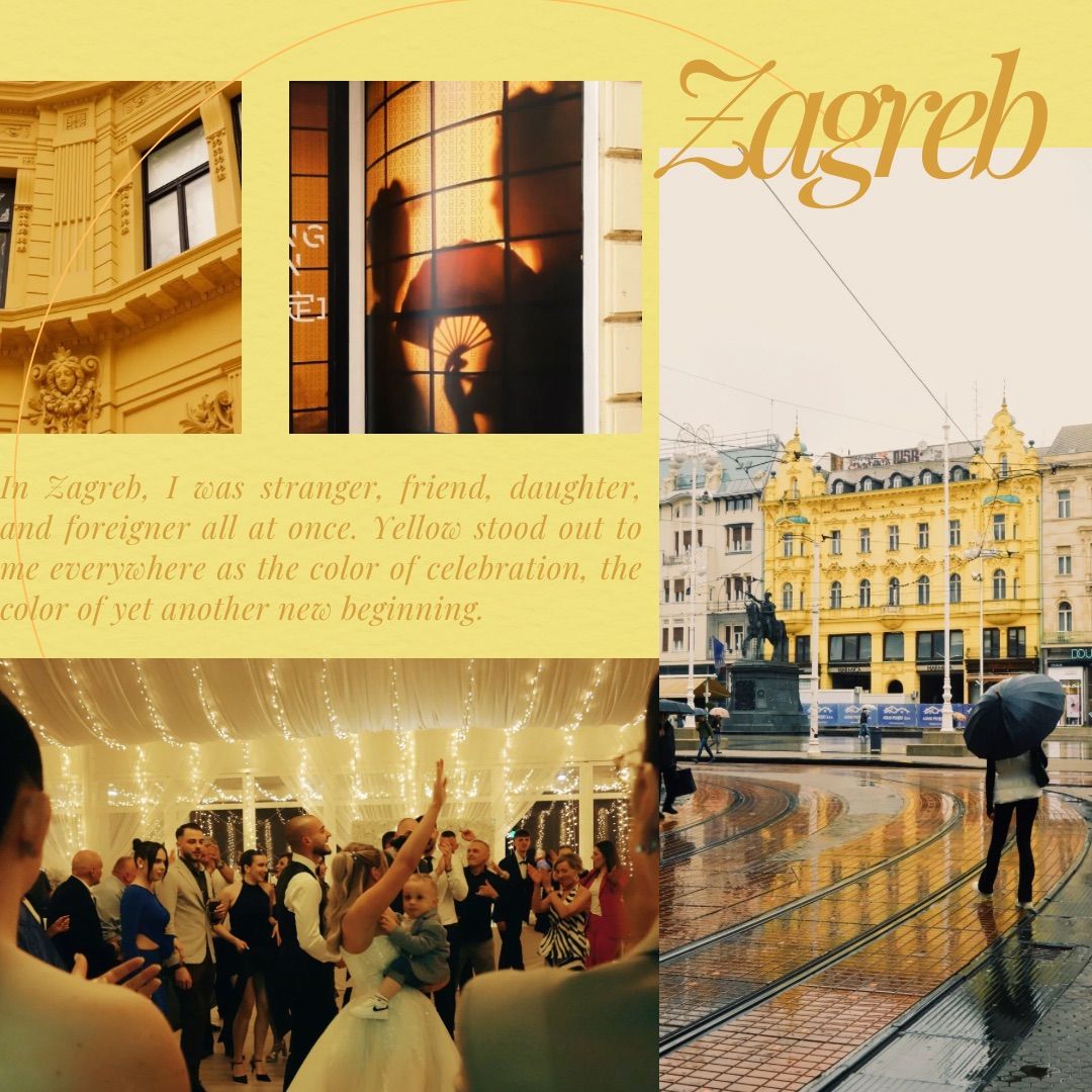 Travel collage showing yellow building architecture, dancing people, and a cityscape of Zagreb in the rain.
