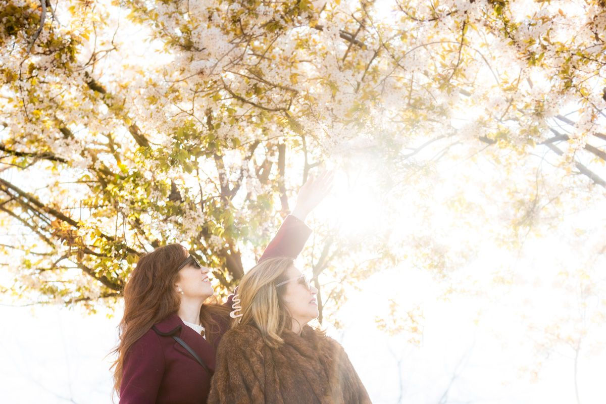Two people stand close together in a park on an autumn day with bright sunlight filtering through golden leaves.
