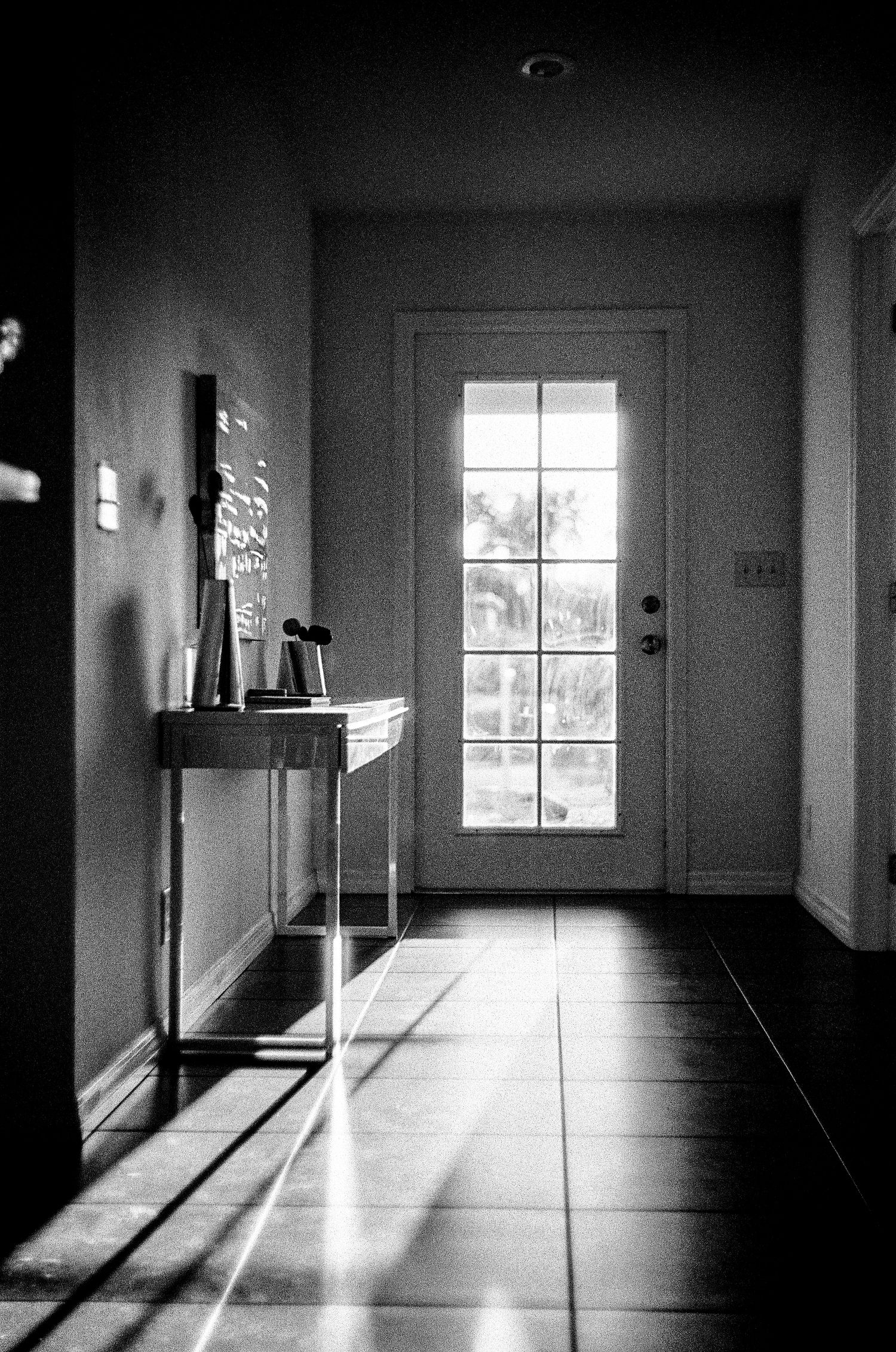 Black and white photograph of a sunlit entryway with a glass-paned door and console table casting dramatic shadows.