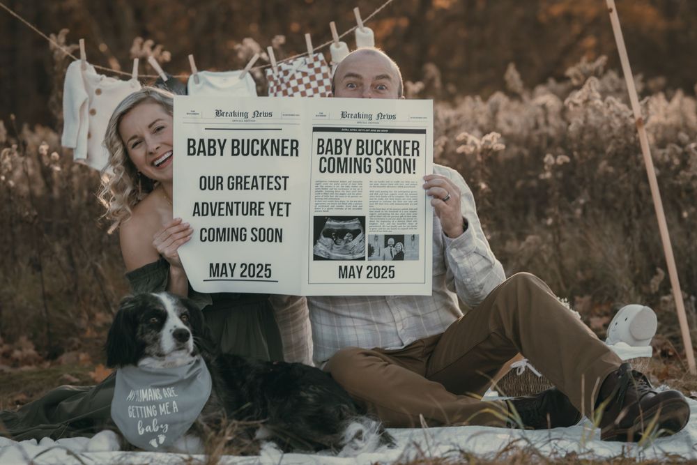 Pregnancy announcement photos featuring newspaper-style signs and a dog wearing a bandana outdoors in winter.