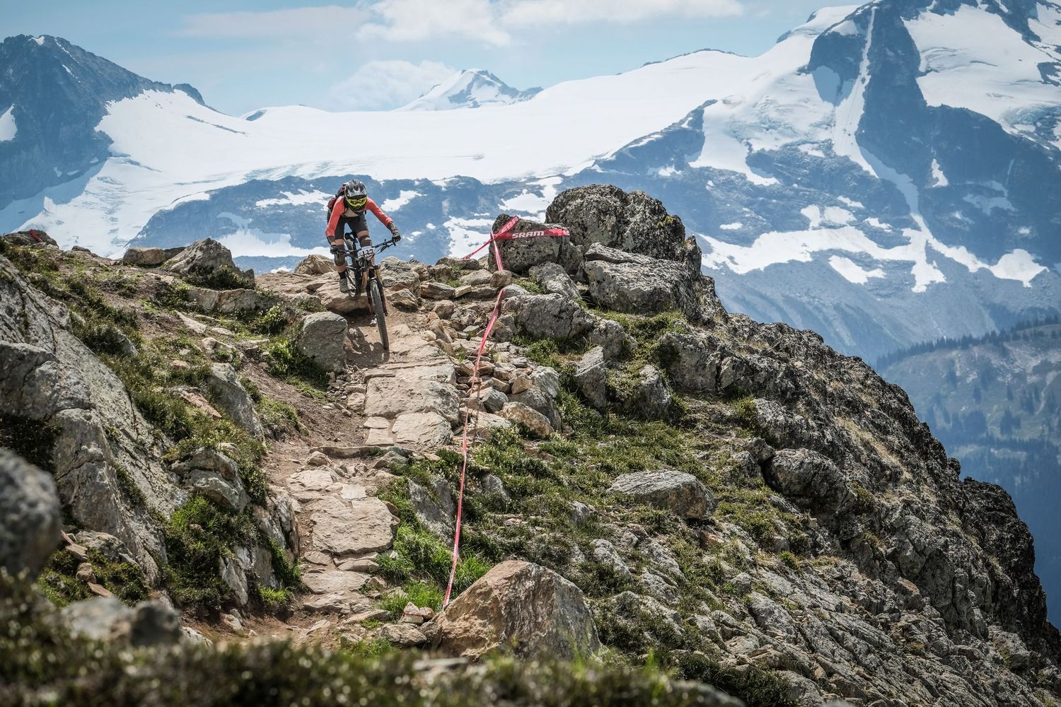 Two skiers descend snowy slope with evergreen forest backdrop in winter.
Whistler Blackcomb