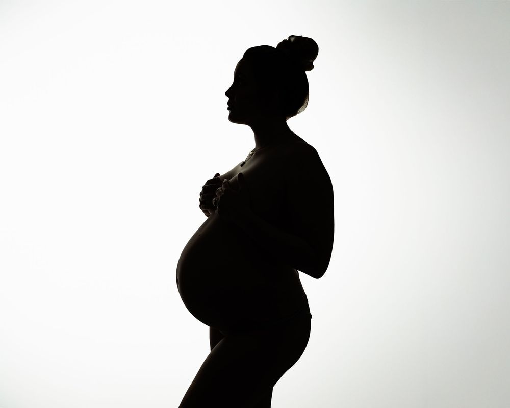 Black silhouette of pregnant woman in profile against white background showing curved belly and upswept hair.