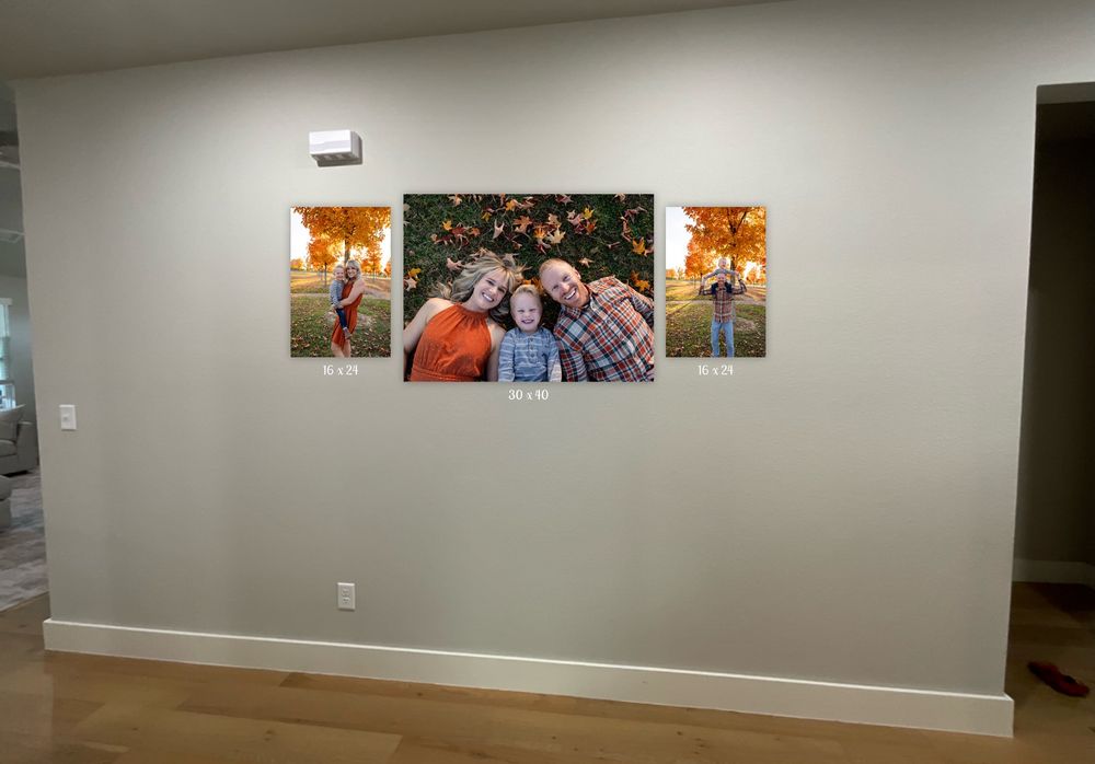 Three framed photographs displayed on a beige wall in a modern room with hardwood flooring.