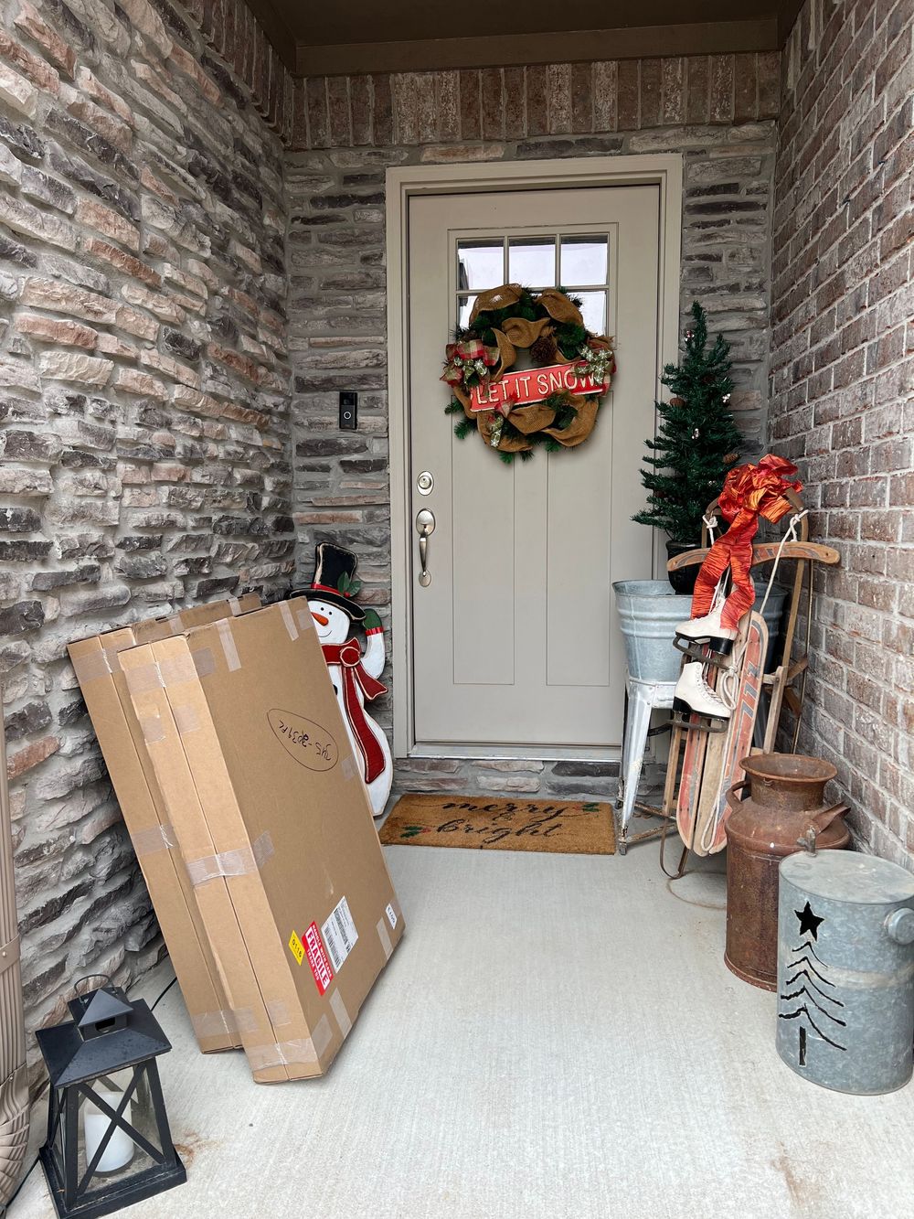 A series of images showing a doorway with Christmas decorations and cardboard boxes being delivered to a brick entryway.